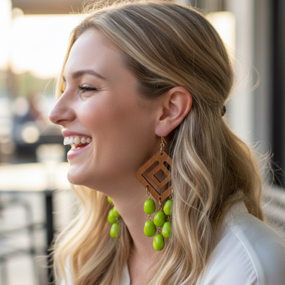 WOODEN Geometric Earrings with Green Beads